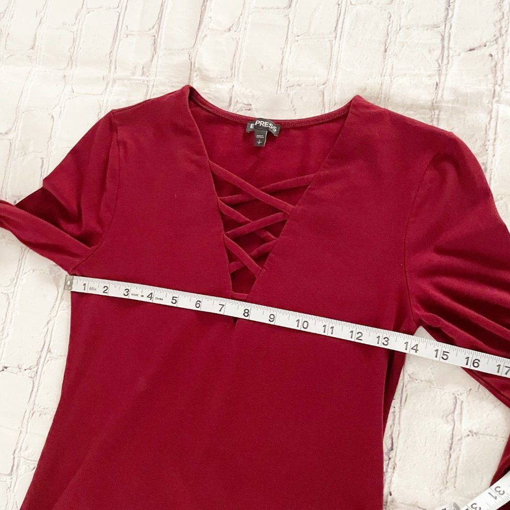 Express Burgundy Crossed Lace V Neck Long Sleeve Top S - Picture 7 of 9